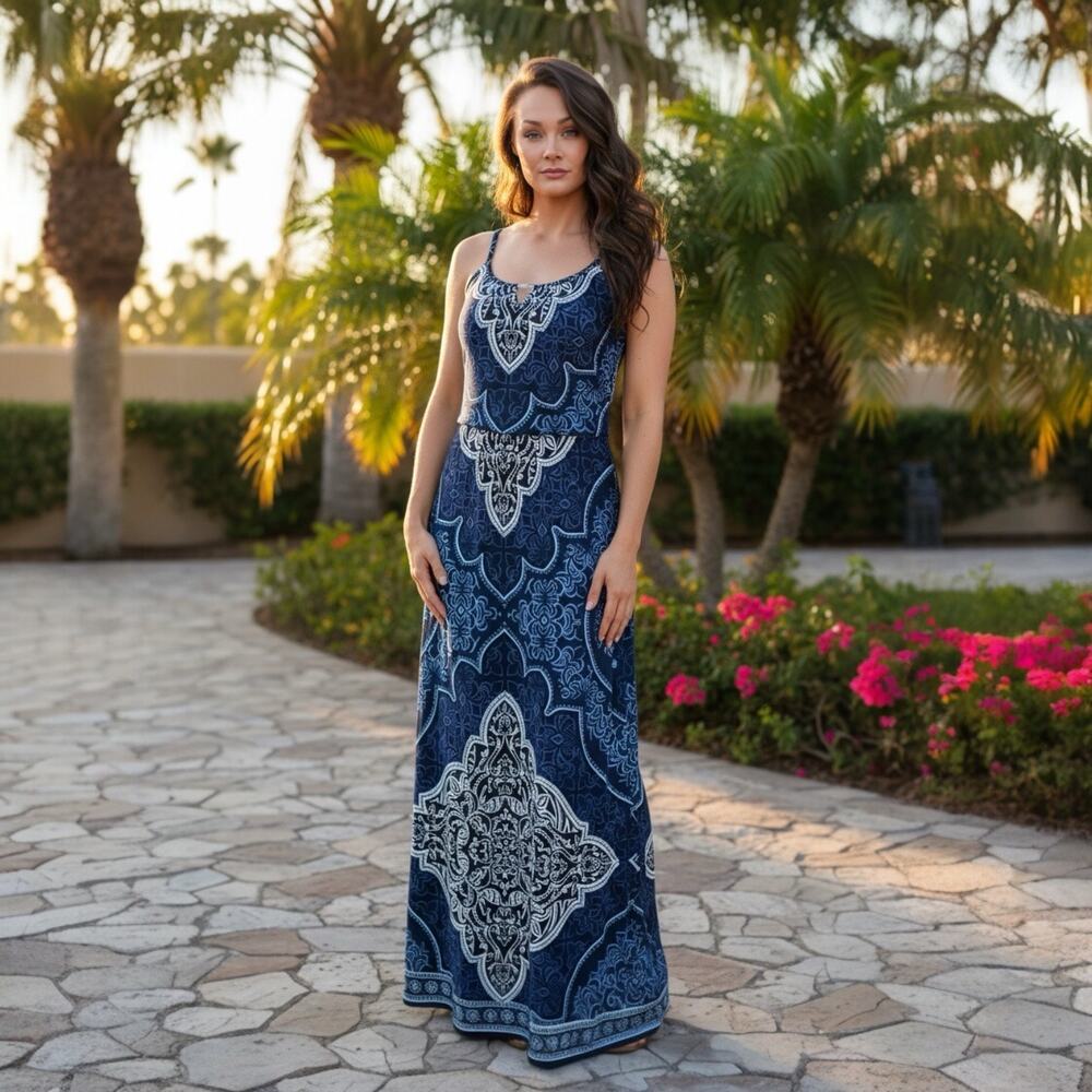 WHBM Blue Black Geometric Medallion Print Sleeveless Stretchy Maxi Dress XS P